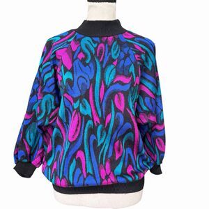 VTG 80s Dolman Sweater Pink Blue Neon Abstract Batwing M/L Cape Cod Sportswear